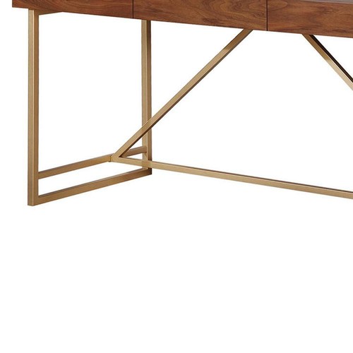 Benjara Writing Desk 30" H X 60" W, Rectangular Walnut Brown + Gold Metal Legs - Picture 5 of 6