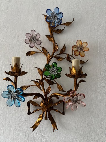 ~Maison Baguès Style Multicolor Prisms Crystal Flowers Tole Bow Sconces, c 1930~ - Afbeelding 4 van 8