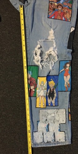 Vtg Custom Painted Anime Faded Distress Jeans 26 Naruto One Piece Manga Grunge - Picture 20 of 21