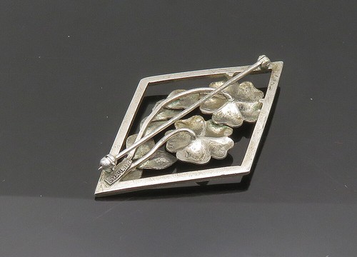 925 Sterling Silver  Vintage Sparkling Flowers Diamond Shape Brooch Pin BP8121 - Picture 5 of 6