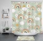 Yellow Daisy Sun Boho Rainbow Sage Green Shower Curtain Set for Bathroom Decor