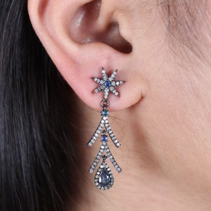 Blue-Sapphire-Pave-Diamond-Sterling-Silver-Dangle-Star-Shape-Earrings-Jewelry