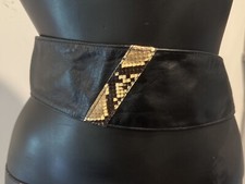 Vintage 80s Dress Belt Black Leather Snakeskin Buckle In Back