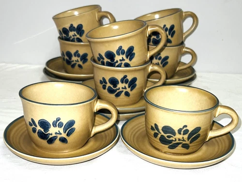 8 Pfaltzgraff FOLK ART TAN & BLUE CUPS & SAUCERS