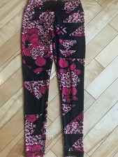 LuLaRoe Womens One Size Simply Comfortable Black Pink Floral Leaf Leggings