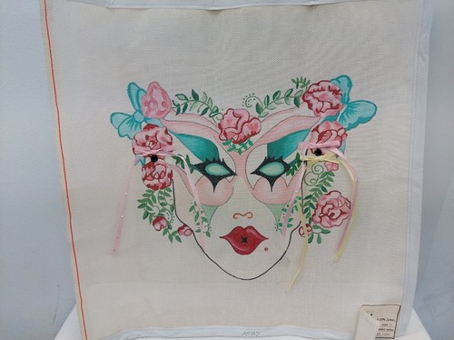 Vintage Handpainted Needlepoint Canvas Masquerade Mardi Gras Mask 15x15 w/Floss - Picture 10 of 11