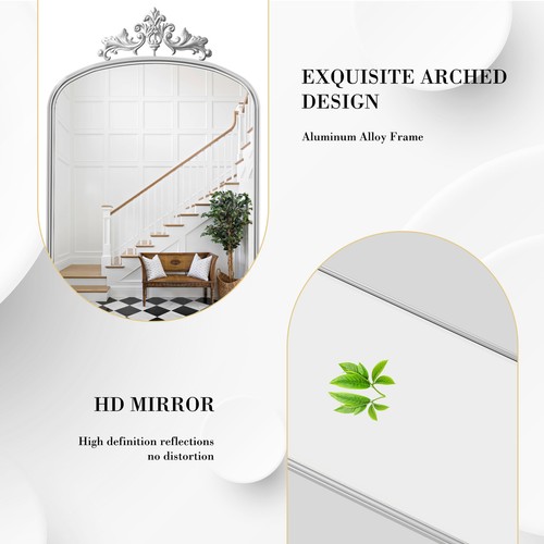 Arched Full Length Mirror, Standing Leaning Mounted Hanging Wall Mirror Silver - Picture 5 of 10