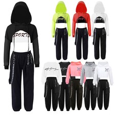 Kids Girls Hip Hop Dance Performance Costume Hooded Crop Top Vest Pants Set
