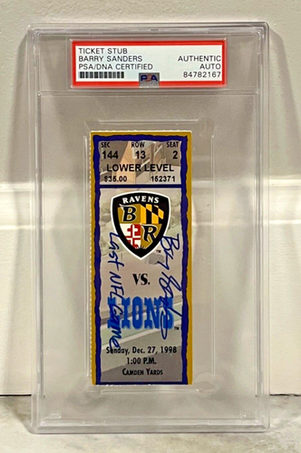 Barry Sanders Signed 1998 Ravens vs. Lions Ticket Stub Ins "Last NFL Game" - PSA