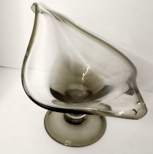 Artisan Smokey Grey to Clear Art Glass Pedestal Bowl Table Center Peace - Picture 7 of 18