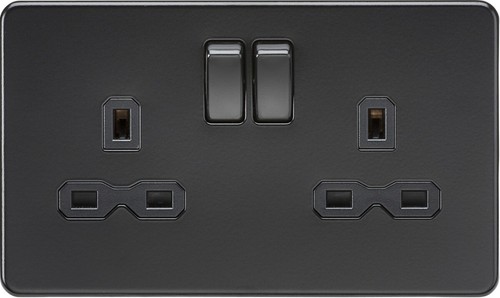 2 Gang 13A sans Vis Interrupteur Prise Noir Mat Puissance Douille Insert