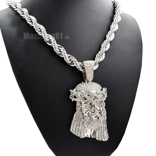 Eis Silber großer Jesus Kopf Anhänger & 8mm 10mm 24" 30" 36" Seil Kette Halskette - Bild 2 von 15