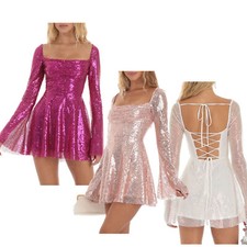 Women's Sequin Cocktail Prom Dresses Flare Long Sleeve Square Neck Mini Dresses