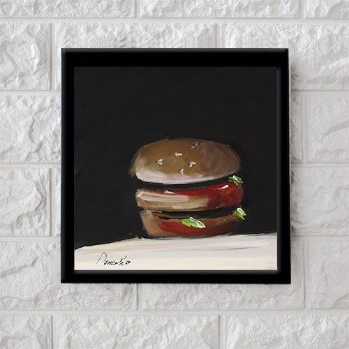 Arte de bodegón de hamburguesas firmado por Natalie Demenko pintura al óleo UCRANIA 8x8 - Imagen 10 de 12