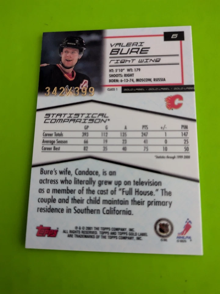 VALERI BURE CLASS 1 2000-01 TOPPS GOLD LABEL SERIAL #/399 CALGARY FLAMES - Image 2 of 2