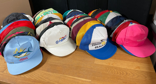 Lot of 60 Trucker Style Caps Hats Assorted Fabrics and Colors One Size