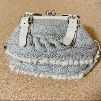 バッグ Salvatore Ferragamo Wool Knitted Bag SALVATORE FERRAGAMO Fur Knit Clasp Handbag Chain Strap Gray with