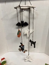 Vintage Halloween Wind Chime Bats, Ghost, Witch, Black Cat, Pumpkin, Wooden