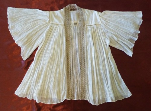 2-teiliges Vintage 70er griechisches Baumwollgaze Lurex Häkelkleid & Swing Jacke Topper Einheitsgröße - Bild 7 von 24