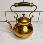 Vintage Brass Tea Kettle Teapot Dark Wood Handle Decorative Display Collectible