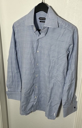 Camicia elegante uomo Tom Ford taglia 38 (15-32) polsino francese cotone blu a quadri lusso - Foto 2 di 12
