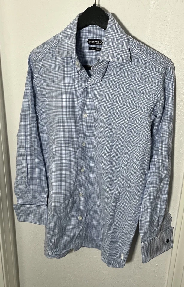 Camisa social masculina Tom Ford tamanho 38 (15-32) punho francês algodão azul xadrez luxo - Imagem 2 de 4