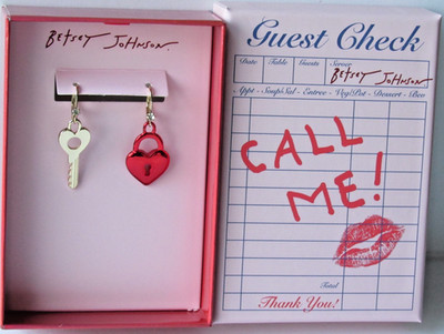 Betsey Johnson Key  Lock Gold/ Red Crystal Mismatch Drop Earrings NEW IN BOX