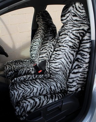 Front Pair of Faux Fur Furry Grey TIGER PRINT Car Seat Covers - Universal Fit -