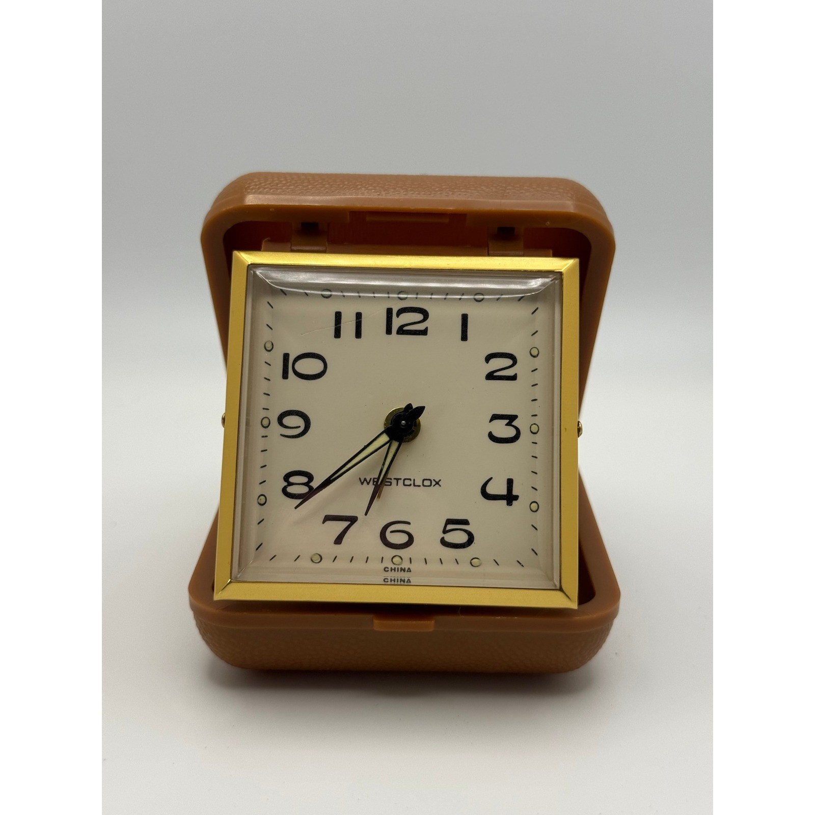 Westclox Vintage Travel Alarm Clock Brown Folding Case Gold Tone Square Manual