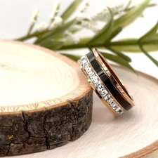 7mm Rose Gold & Black Titanium Ring CZ Inlay Hypoallergenic Band For Christmas