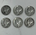 Lot Of 6 MERCURY DIMES, CIRCULATED, UNGRADED - 90% Silver - See Pics