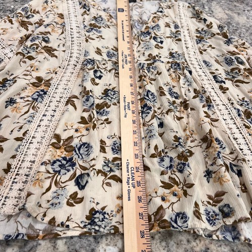 American Eagle Blouse-Women's 2X -Flowy Tunic LS Blue Floral Brown Leaves V-Neck - Picture 6 of 11