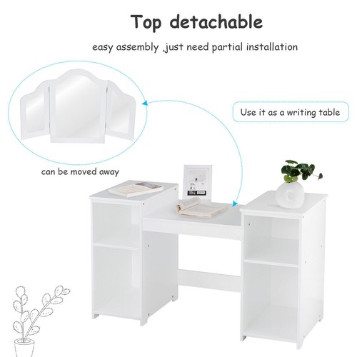 Vanity Table Set Makeup Dressing Kids Girls Study Table Tri Folding Mirror - Picture 7 of 10