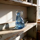 Hand-Blown Art Glass Blue Swirl Bubble Cat Figurine Or Paperweight, Murano