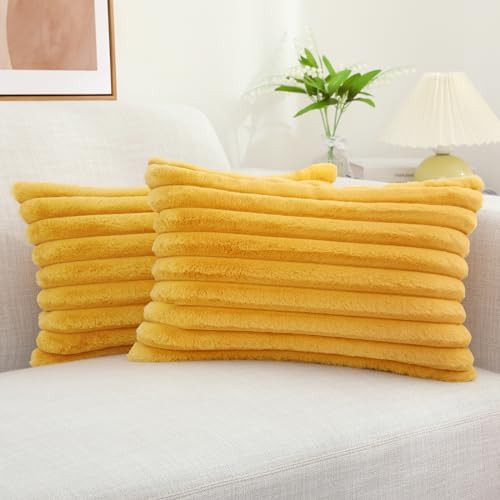 Faux Fur Throw Pillow Covers 12x20 Set of 2, Decorative Soft Plush Striped - Picture 1 of 6
