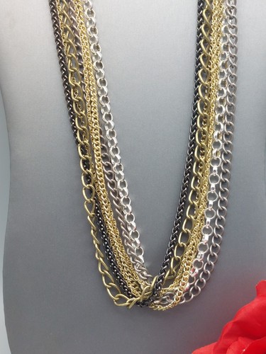 Beautiful Multi 6 Strand Necklace Gold And Silver Tone Various Links Chains 26" - Picture 5 of 8