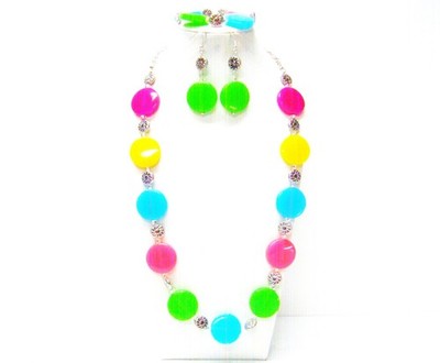 Bright Neon Candy Discs Resin w/Silver Spacer Bead Necklace/Bracelet/Earrings