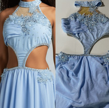 Custom solo Dance Costume pale blue rhinestoned bling Mesh Dress SA-Small adult