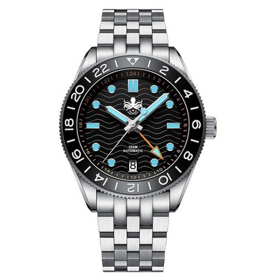 Phoibos WAVE MASTER GMT 200M Stahl Automatik Schwarz Diver Datum Herrenuhr
