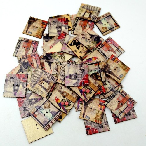 50x Square Scenic Stamps 2-holes Flatback For Sewing Craft - Picture 3 of 6