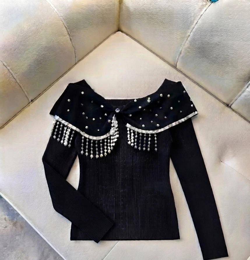 Vintage Boutique Pull noir tricot Bardot épaules dénudées perles franges 42 - Photo 4/4