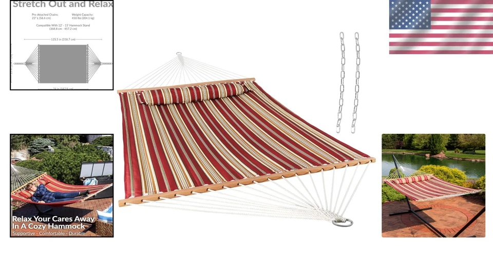 Luxury Quilted Outdoor Double Hammock with Spreader Bars - Red Stripe - Image 2 of 4