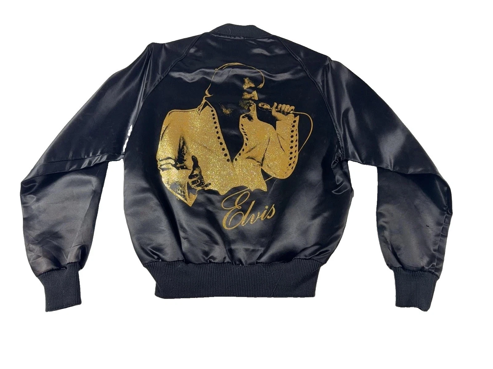 Vtg Diamond Dust Elvis Presley Jacket Mens S Black Satin Bomber Glitter Graphic image 1