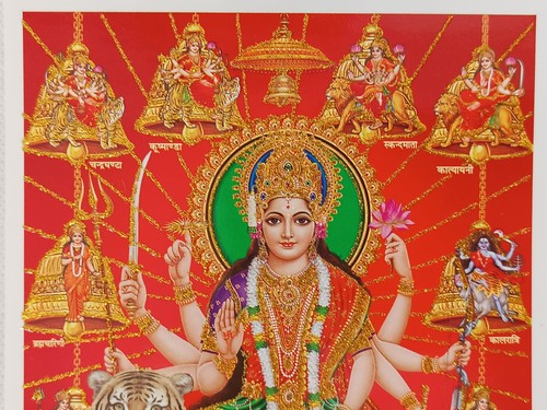 Durga Hindu God Glossy Picture Approx. 12.9 x 18 cm Gold Glitter Finish - Picture 2 of 3