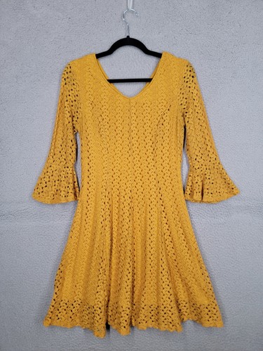 Always Indigo Crochet Fit & Flare Short Dress Petite Small PS Mustard Yellow - Picture 2 of 9