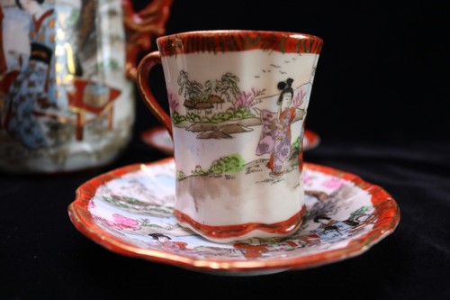 Vintage Kutani Geisha Tea Coffee Set Gardens People Gold Trim 8 pc - Picture 5 of 20