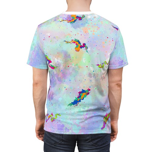T-Shirt bunte Katze Farb-Spritzer "All Over Print" Unisex Cut & Sew - Bild 12 von 13