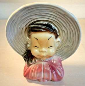 1950'S ROYAL COPLEY USA POTTERY ASIAN GIRL WALL POCKET HEAD VASE 7.5" TALL MCM