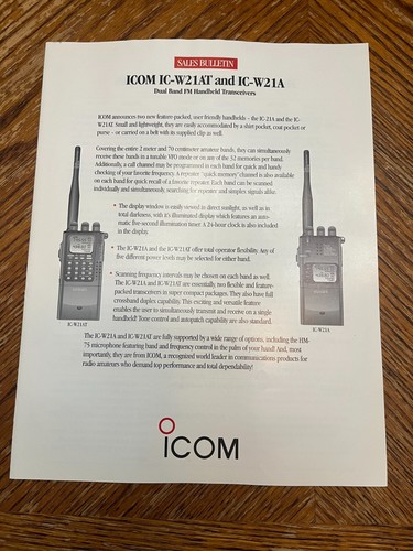 ICOM IC-W21AT & IC-W21A Dual Band FM Handheld Transceivers Sales Bulletin