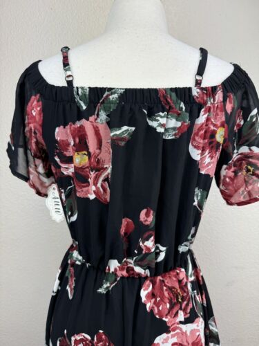 AUW Womens Black Pink Floral Midi Dress Off The Shoulder High Low Size S - Picture 3 of 13